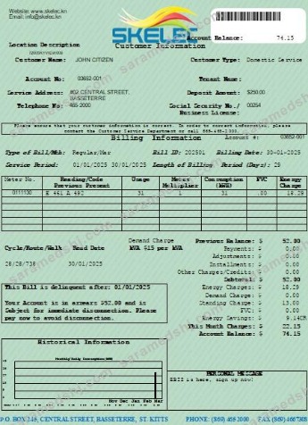 St. Kitts Electricity Company (SKELEC) utility bill editable template in PDF and Word formats